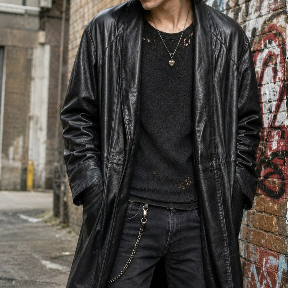 Vintage Phase Two Large Tall Black Leather Trench Coat Jacket Goth Matrix Emo